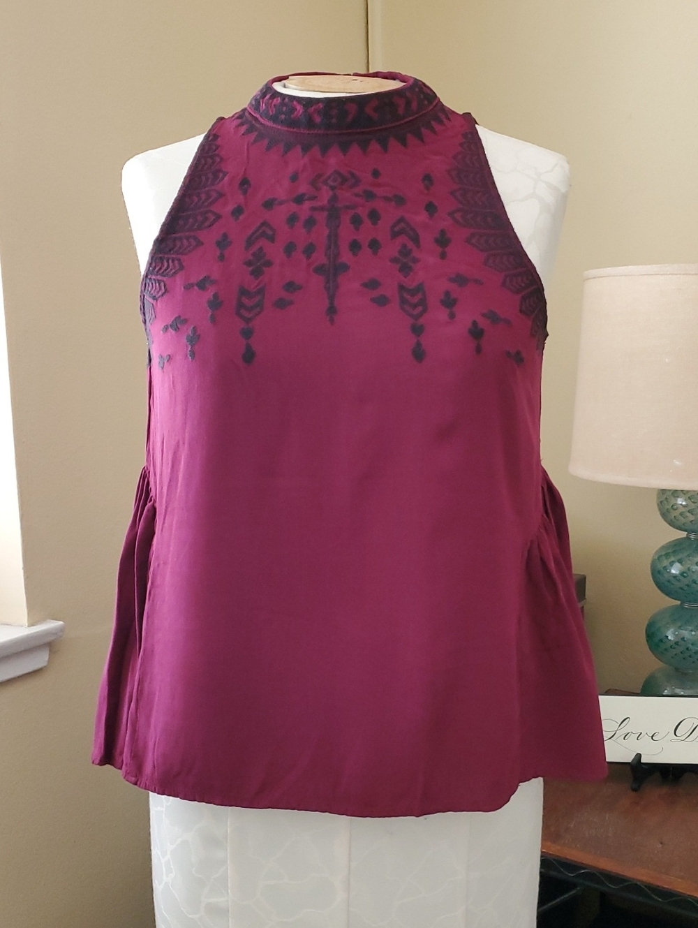 Forever 21 Embroidered High-Neck Tank Top - Wine with Black Detail